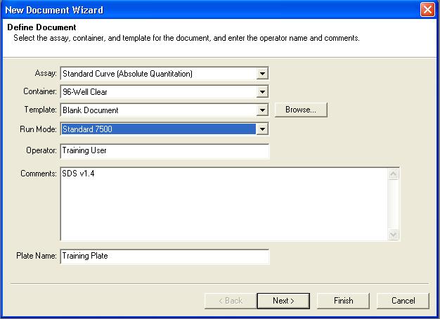 Figure 4. New Document Wizard Window Make sure to change Run Mode to STANDARD 7500 3. The New Document Wizard screen in Figure 4 will appear. Select: a.