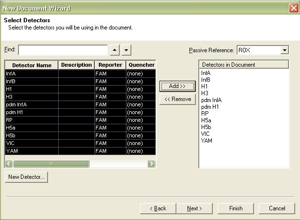 8. Start by creating the InfA Detector. Include the following: a. Name:InfA b. Description: leave blankc. c. Reporter Dye: FAM d. Quencher Dye: (none) e.