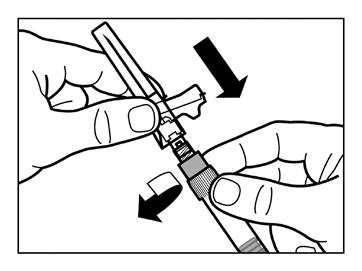 Step 6 Turn syringe and vial upside down, slowly pull the plunger back and draw the entire contents from the vial into the syringe. Unscrew the syringe from the vial adapter.