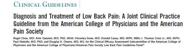 2007 ACP/APS guideline First national guideline to recommend spinal manipulation, massage, yoga, acupuncture, progressive relaxation as treatment options for LBP Little