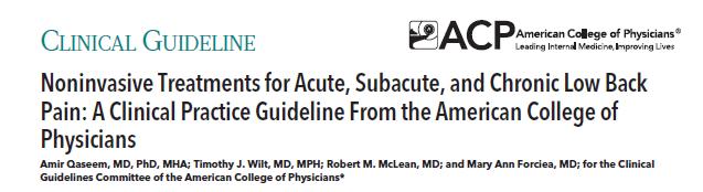 2017 American College of Physicians guideline Emphasis on nonpharmacologic therapies, particularly for chronic LBP Stronger