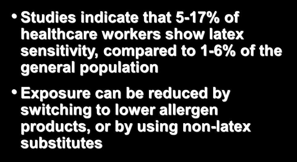 Safety: Latex Allergy Studies indicate that 5-17% of healthcare workers show latex sensitivity, compared to 1-6% of the