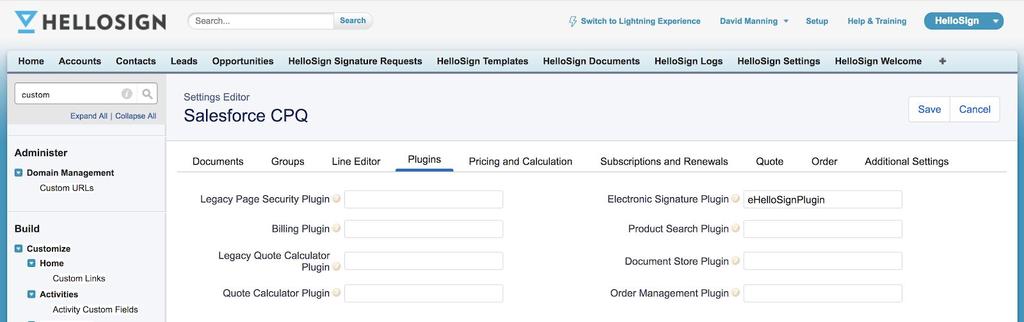3. Select the Plugins tab from the Salesforce CPQ Settings Editor 4. Enter HelloSign_CPQ.eHelloSignPlugin in the Electronic Signature Plugin field 5.