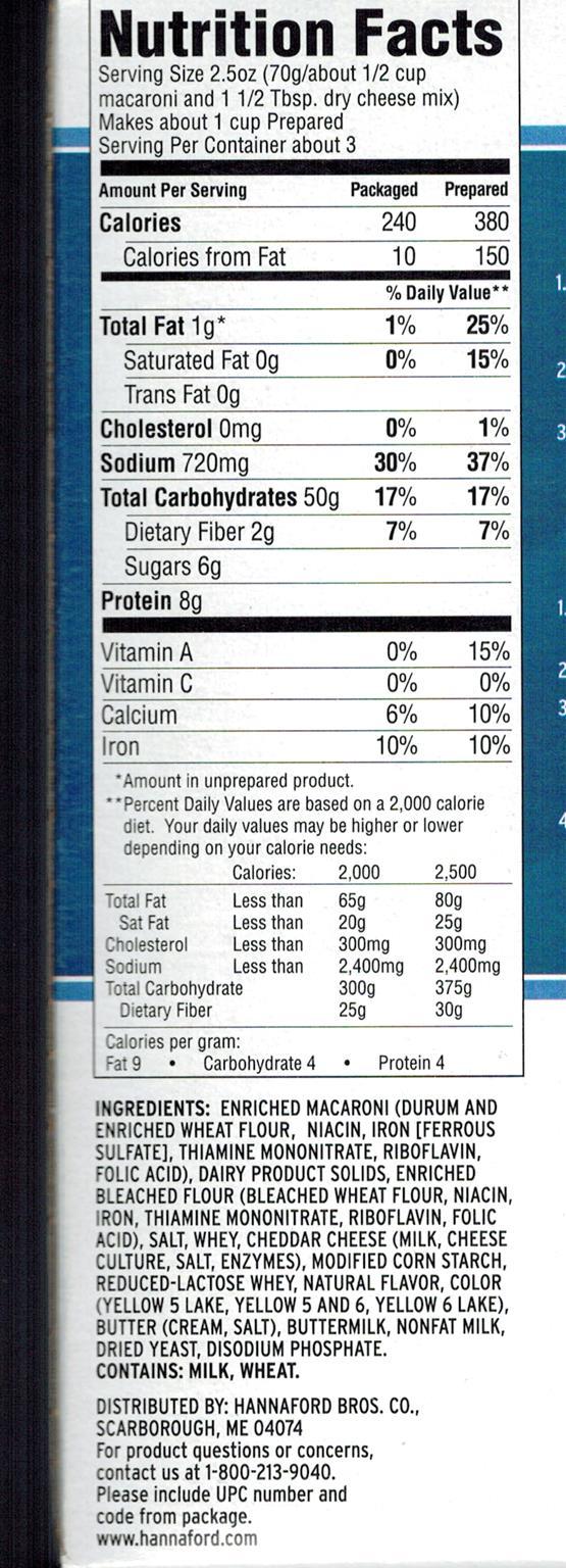Boxed Macaroni and Cheese Wild Rice Wild Rice Nutrition Info: Serving 2 ounces (1 cup), Servings per box 3, Calories 200, Calories from Fat 5, Total Fat 1%, Saturated Fat 0%, Trans Fat 0, Cholesterol