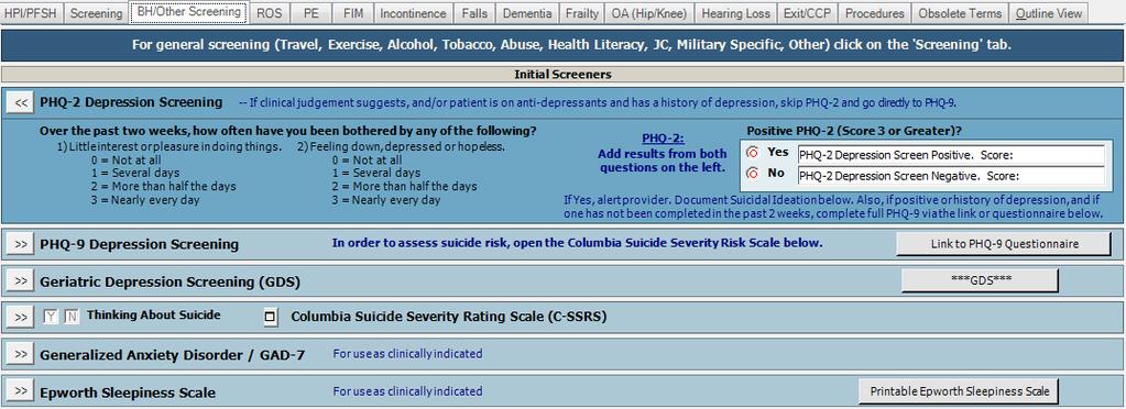 As an example, the Geriatric Depression Screening (GDS) ribbon opens to a list of screening questions