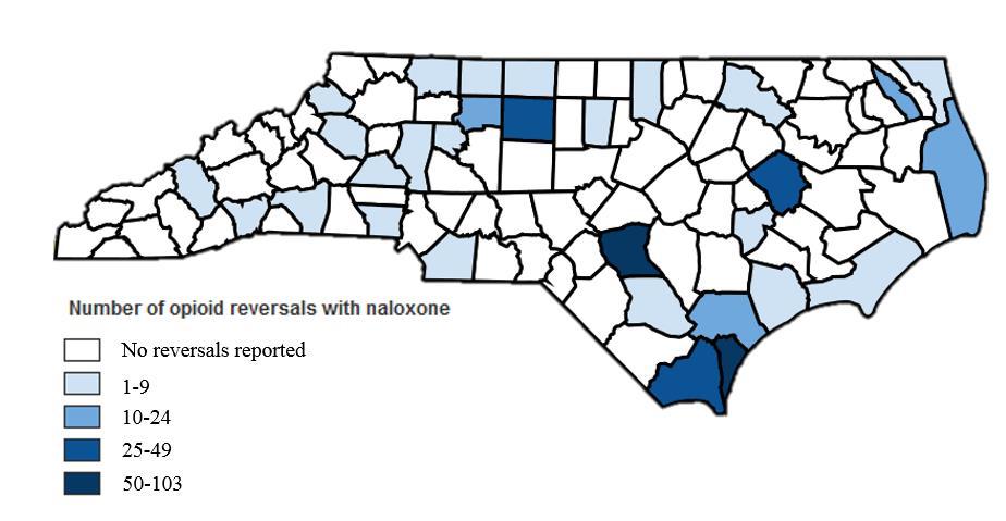 Opioid Overdose Reversals with Naloxone # of Naloxone reversals reported by the North Carolina Harm Reduction Coalition by County: 8/1/2013-1/31/2017 (5,846 total reversals reported) Harm Reduction