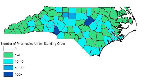 Number of Pharmacies under Standing Order by County February 2017 (N=1,362) Pharmacies in Iredell County under Standing Order, as of 2017 23 Pharmacies in Local Health Director Region