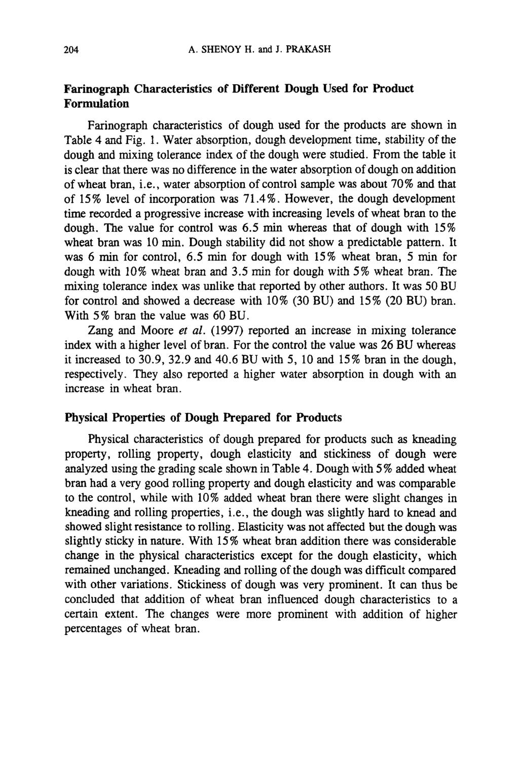204 A. SHENOY H. and J. PRAKASH Farinograph Characteristics of Different Dough Used for Product Formulation Farinograph characteristics of dough used for the products are shown in Table 4 and Fig. 1.