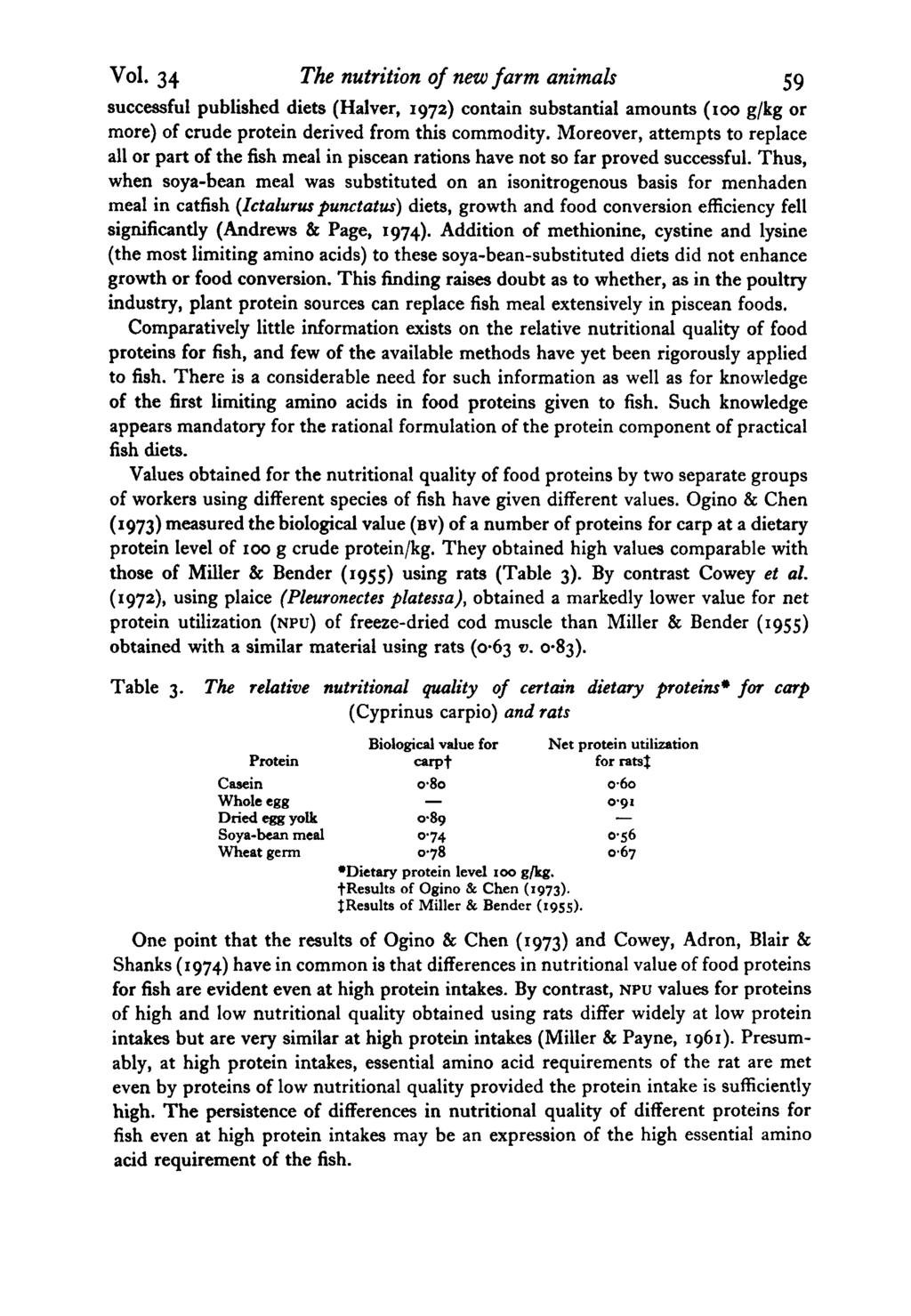 VOl. 34 The nutrition of new farm animals 59 successful published diets (Halver, 1972) contain substantial amounts (100 g/kg or more) of crude protein derived from this commodity.