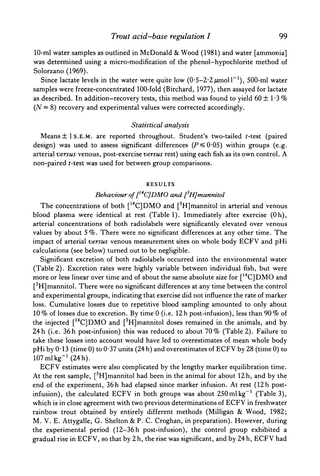 Trout acid-base regulation I 99 10-ml water samples as outlined in McDonald & Wood (1981) and water [ammonia] was determined using a micro-modification of the phenol-hypochlorite method of Solorzano