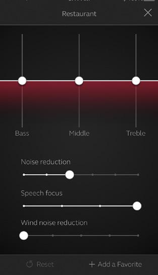 Noise reduction, Speech focus and Wind noise reduction are only available for top pricepoint hearing aid models. Bass, middle and treble is always available.