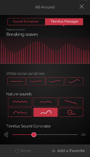 Sound variation Adjust the variation of the white noise sound input by tapping the buttons towards the bottom. Tap Reset to return to fitted settings.