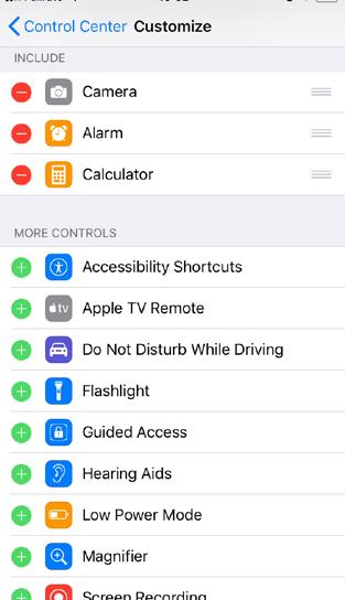 How to access basic hearing aid controls (swipe up) When you swipe up the screen you see the Apple device Control Center.