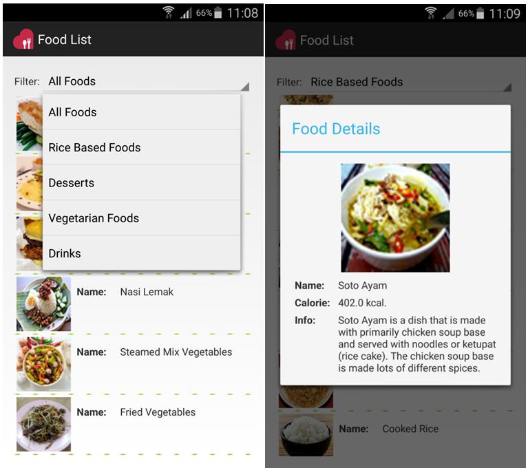 Figure 4 presents Food List of the ifood application which consists of Malaysian foods in its database.