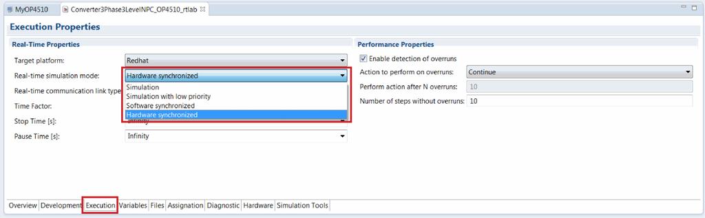 EXECUTION PROPERTIES In the Execution Properties tab, you must set the real time simulation mode to Hardware Synchronized.
