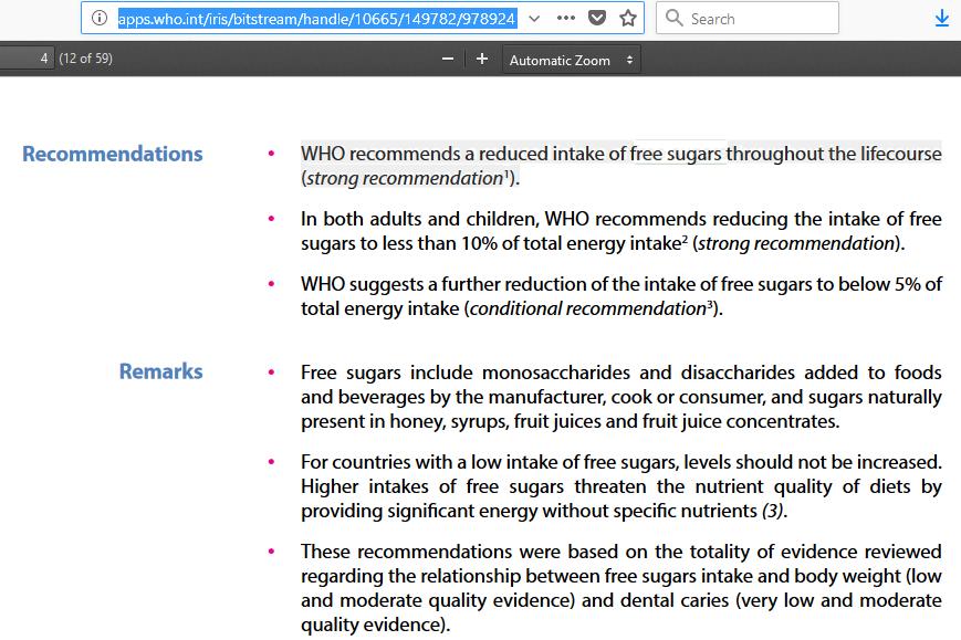 Appendix 1 WHO 2015 recommendations A new WHO guideline recommends adults and children reduce their daily intake of free sugars to less than 10% of their total energy intake.