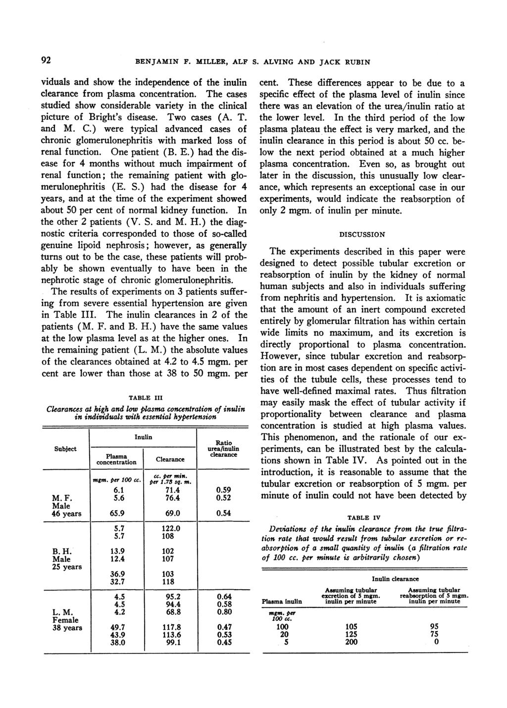 92 BENJAMIN F. MILLER, ALF S. ALVING AND JACK RUBIN viduals and show the independence of the inulin clearance from plasma concentration.