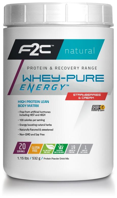 Whey-Pure Energy Banana Strawberry 100 calories per serving Contains whey protein isolate Low-GI carbs Gluten free Thermogenic, metabolizing ingredients: Green coffee bean extract, CLA, L Carnitine
