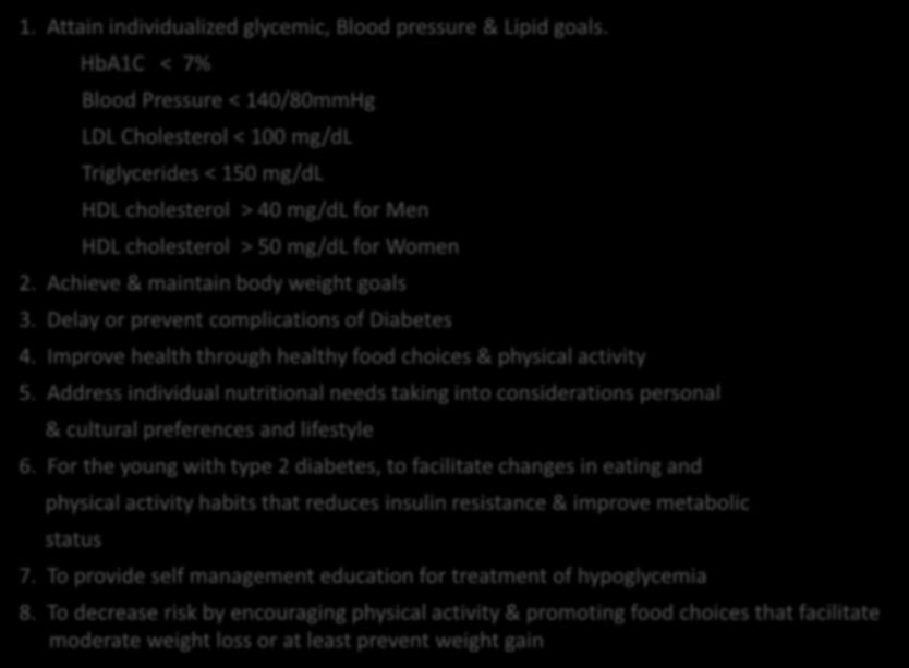 GOALS OF MEDICAL NUTRITION THERAPY 1. Attain individualized glycemic, Blood pressure & Lipid goals.