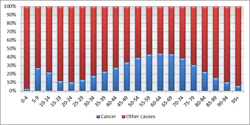 Cancer is generally a disease of old age, but dominates mortality in persons of