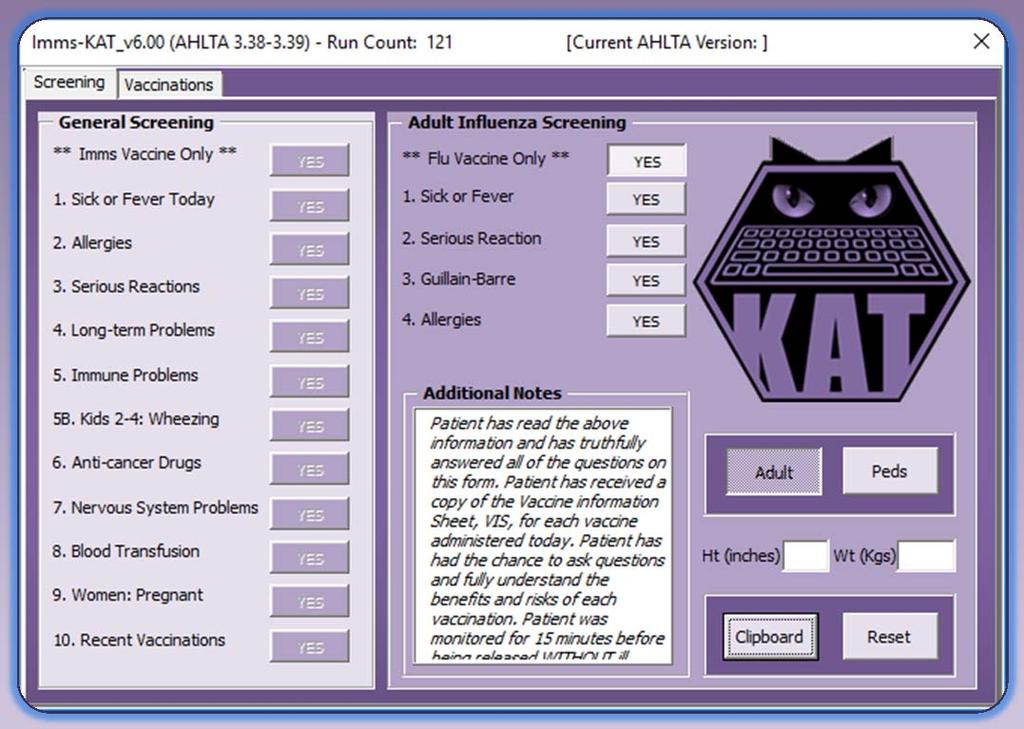 Now, Welcome to the Immunization KAT interface. Please refer to page 9 for a guide to all of the buttons, tabs, and capabilities of the Immunization KAT.