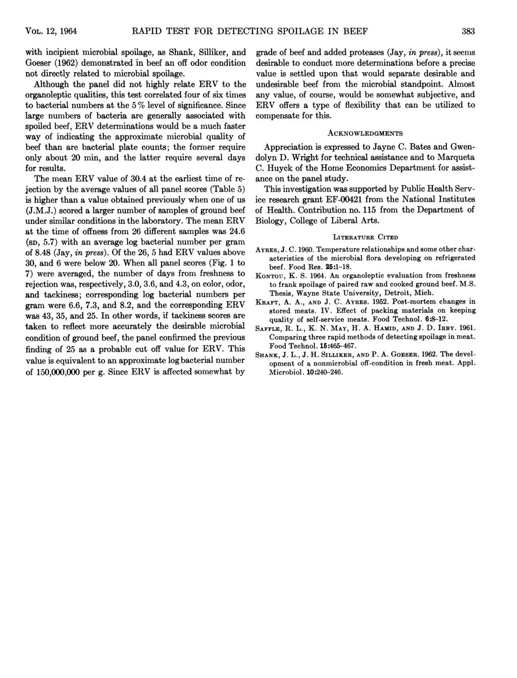 VOL. 12) 1964 RAPID TEST FOR DETECTING SPOILAGE IN BEEF 383 with incipient microbial spoilage, as Shank, Silliker, and Goeser (1962) demonstrated in beef an off odor condition not directly related to