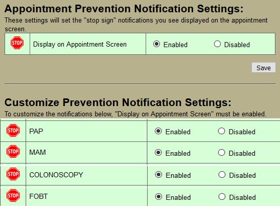 When hovering the mouse indicator over a Stop Sign a pop-up will appear and display what screening is overdue for the patient.
