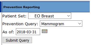 patient set you created previously in the Demographic Report Tool Select the appropriate prevention from the Prevention Query dropdown