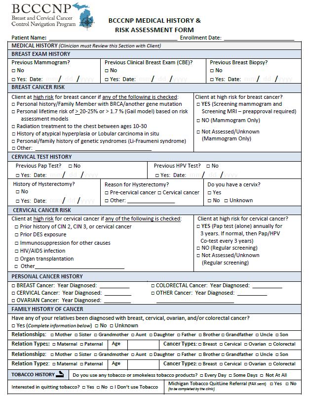 ENROLLMENT FORM PAGE 2 Required Sections to Complete 1. Breast Cancer Risk 2.