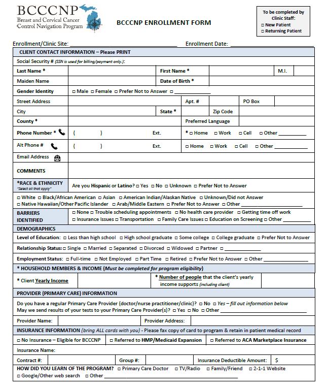 ENROLLMENT FORM PAGE 1 Required Sections to Complete 1. Client Contact Information bolded areas are required * 2. Race and Ethnicity 3. # Household members/income 4.
