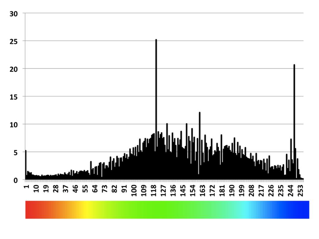 Fig. 5: A strain histogram made from ROI in the strain elastogram in Figure 4. The xaxis shows the colour numbers, corresponding to the elastogram colour code displayed below.