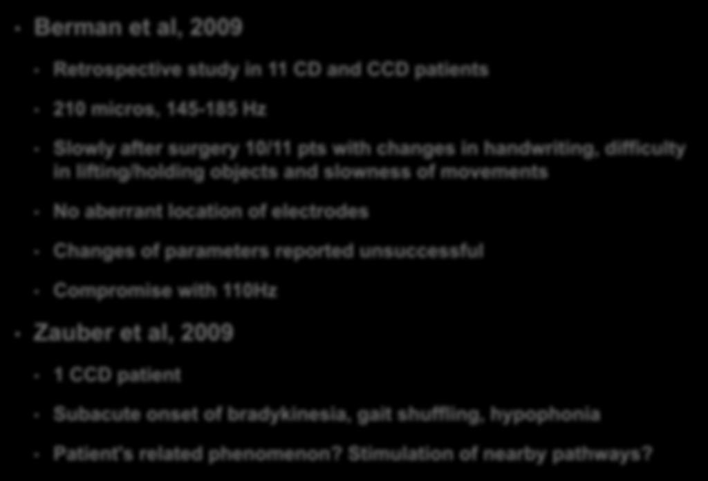 GPi DBS-induced parkinsonism Berman et al, 2009 Retrospective study in 11 CD and CCD patients 210 micros, 145-185 Hz Slowly after surgery 10/11 pts with changes in handwriting, difficulty in
