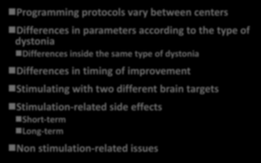 type of dystonia ndifferences in timing of improvement nstimulating with two different