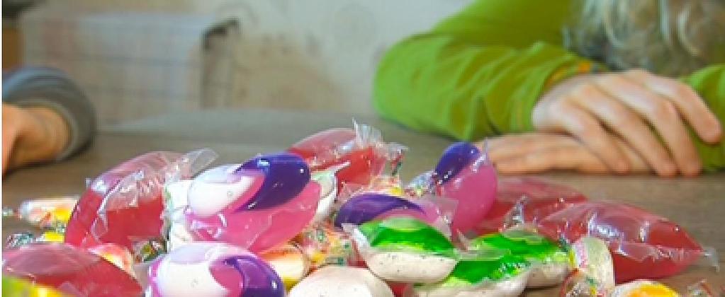 Unusual suspects: laundry pods Girl, 2 yrs old is playing with a laundry pod Pod ruptures and splashes