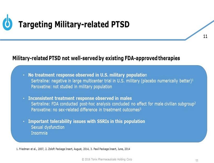 11 Targeting Military - related PTSD 11 1. Friedman et al., 2007, 2. Zoloft Package Insert, August, 2014, 3.