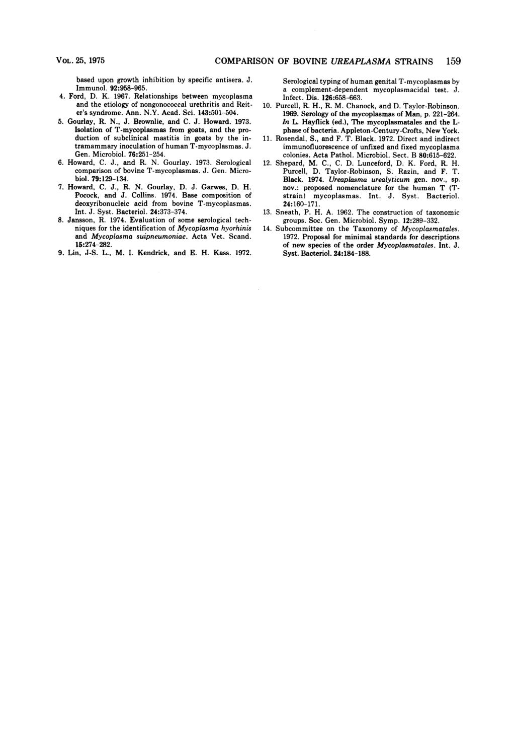 VOL. 2, 197 COMPARISON OF BOVINE UREAPLASMA STRAINS 19 based upon growth inhibition by specific antisera. J. Immunol. 92:9896. 4. Ford, D. K. 1967.
