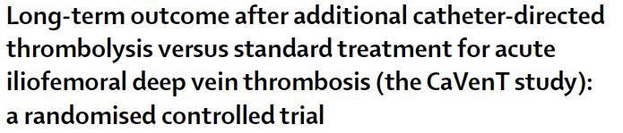 209 patients with symptomatic, first iliofemoral DVT Randomized to conventional treatment alone or additional