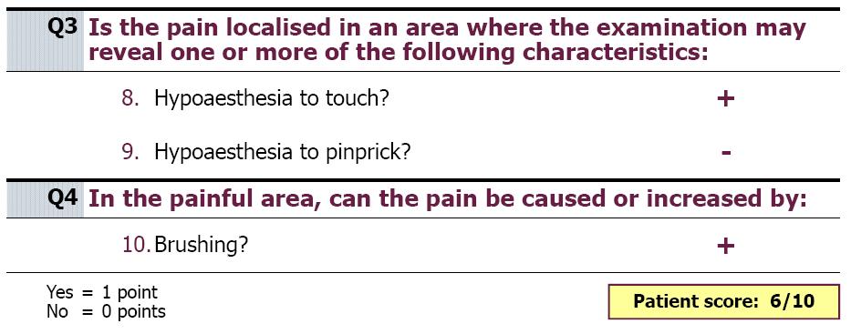 Mr. A: Pain Assessment DN4 questionnaire resulted in a score of 5/10, indicating the presence of neuropathic