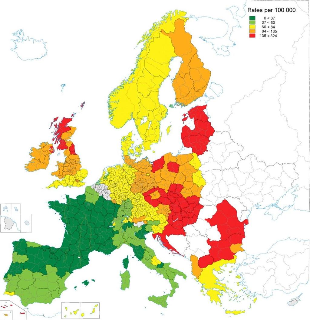Age-standardized mortality from ischaemic heart disease in European regions (women;