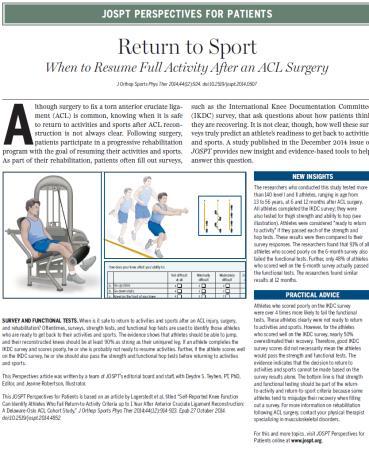 RETURN TO SPORT JOSPT Patient Perspective December 2014 Orthopaedic Manual Physical Therapy Series Charlottesville 2017-2018 Recommendations: Less than 10%