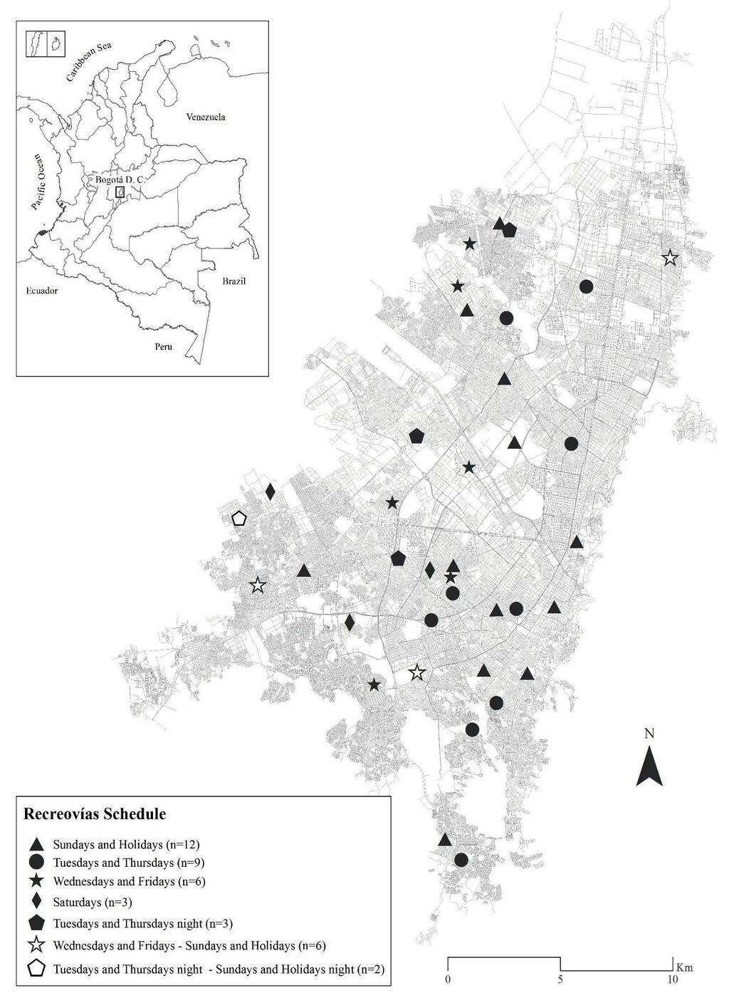 Rios et al. Rev Bras Ativ Fís Saúde 2017;22(2):208-211 208 FIGURE 2 Map of Bogota with points of the Recreovía Program (n=41). Resources Human resources include 59 people (figure 1).