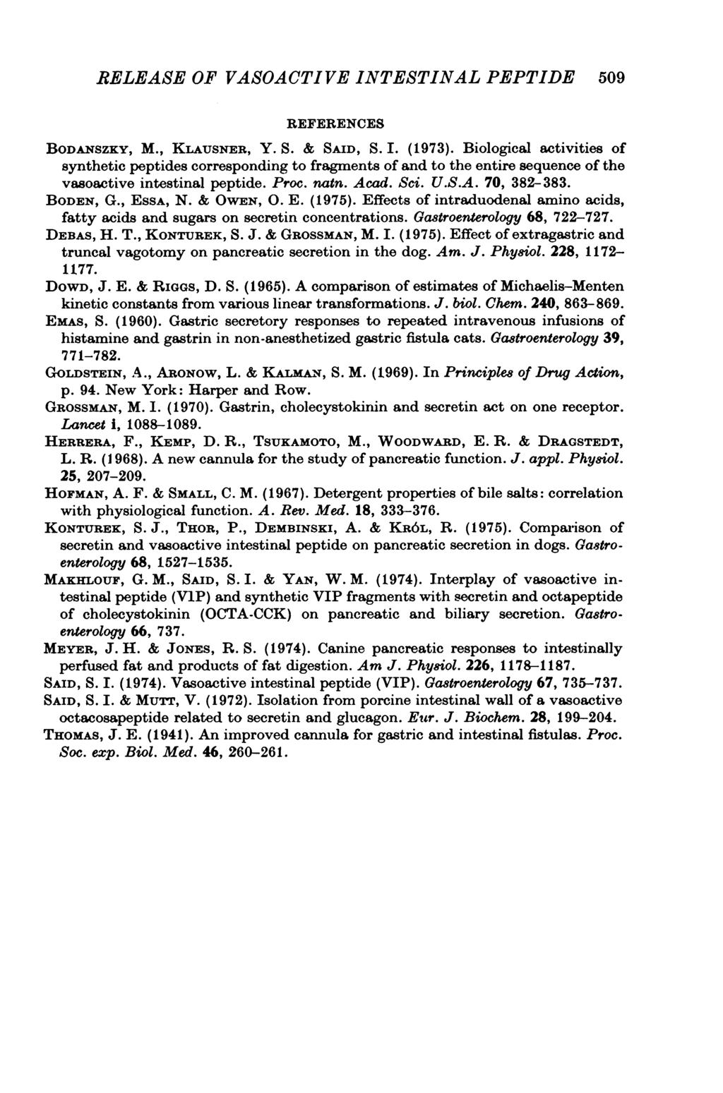 RLAS OF VASOACTV NTSTNAL PPTD 509 RFRNCS BODANSZKY, M., KLAusNR, Y. S. & SAD, S.. (1973).