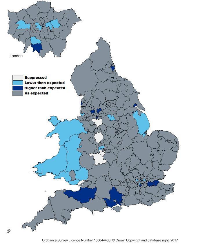 DKA Locality Variation, Type 1 Figure 12: Variation of DKA complication ratios compared to local complication rates in people with Type 1 diabetes, 2012/13 to 2014/15 audits Areas with higher