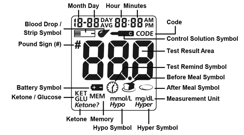 Meter Display Blood Drop / Strip Symbol: Two symbols that appear at the same time to tell you when to apply the sample.