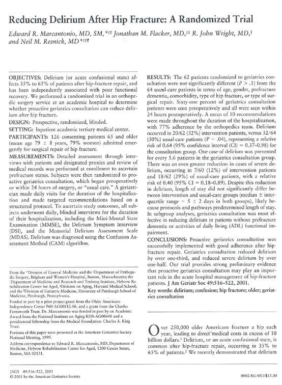 Reducing delirium after hip fracture: a randomized trial Marcantonio et al.