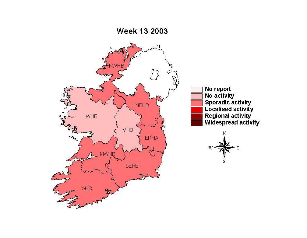 Figure 3: Map of influenza activity by health boards/authority during week 13 2003 Influenza activity in Northern Ireland During week 14, 21 of 24 sentinel general practices reported a combined