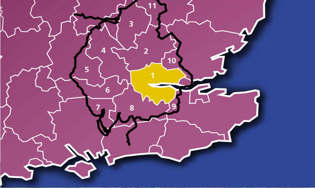London (1), Hertfordshire (2), (3), Buckinghamshire (4), almost half of