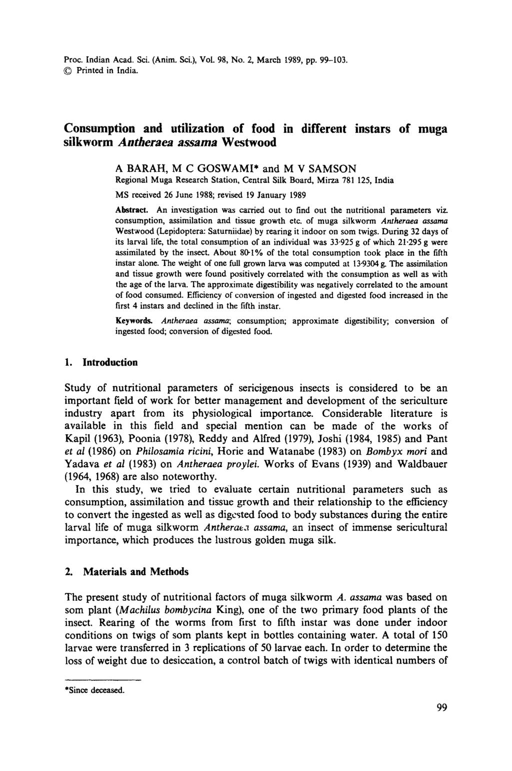 Proc. Indian Acad. Sci. (Anim. Sci.), Vol. 98, No.2, March 1989, pp. 99-103. Printed in India.