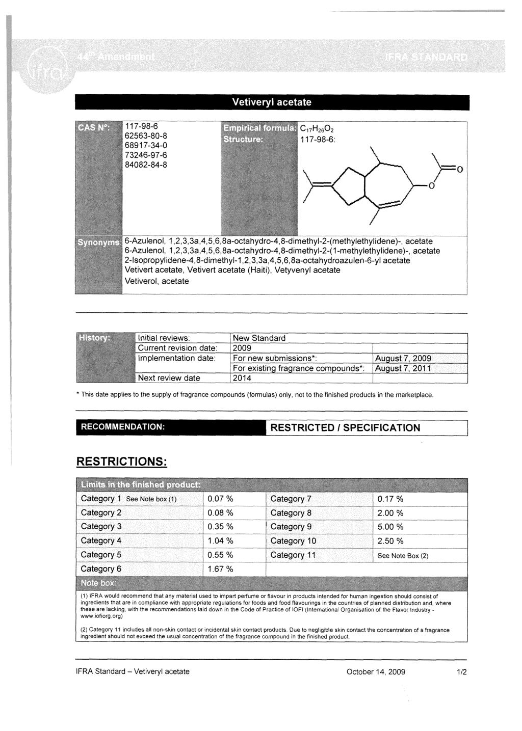 Vetiveryl acetate 117-98-6 (62563-80-8 168917-34-0 Į 73246-97-6 I 84082-84-8 Į 6-Azulenol, 1,2,3,33,4,5,6,8a-octahydiO-4,8-dìmethyl-2-(methylethylidene)-, acetate 6-Azulenol, I.Ž.S.SaAS.e.Sa-octahydrcMl.