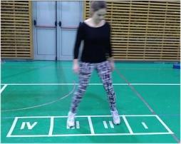 In addition the examinee then steps over the left leg with the right leg into field 2 and with the left leg steps